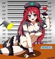 1girls 2022 artist_signature blush breasts female female_only hearts himea_d'almaria long_hair long_hair_female looking_at_viewer numbers police_uniform posing red_hair signature table text virtual_youtuber wactor wactor_es wactor_production wardrobe_malfunction