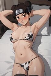 1girls ai_generated alxss94 animal_print arms_behind_head arms_up bangs bare_midriff bare_shoulders bare_thighs bed bikini blush brown_eyes brown_hair cleavage cow_print cow_print_bikini double_bun female female_only konohagakure_symbol kunoichi light-skinned_female light_skin long_hair looking_at_viewer midriff nai_diffusion naruto naruto_(series) naruto_shippuden ninja on_bed shiny shiny_skin sitting sitting_on_bed solo solo_focus stable_diffusion stockings swimsuit tenten thighhighs thighs tied_hair twin_buns upper_body