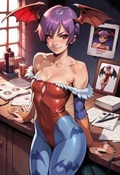 ai_generated bat_wings civitai darkstalkers head_wings leotard lilith_aensland panviewai pinup purple_hair red_eyes short_hair stockings succubus thighs wings