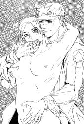 1boy 1boy1girl 1girls braided_hair daughter double_bun father father_and_daughter female fingering fingers_in_mouth fingers_in_pussy from_behind groping groping_from_behind hat_stays_on_during_sex incest jojo's_bizarre_adventure jolyne_kujo jotaro_kujo monochrome stone_ocean