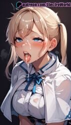 1girls after_fellatio after_oral after_sex ai_generated azur_lane blonde_hair blue_eyes blush breasts clavicle cumshot curvaceous curvy curvy_body curvy_female electroworld eyelashes facial female female_only graf_zeppelin_(azur_lane) highres lips open_mouth ponytails saliva seductive seductive_look seductive_pose semen semen_in_mouth semen_on_body semen_on_breasts semen_on_hair semen_on_tongue shiny_skin simple_background solo sperm teeth tongue uncensored voluptuous voluptuous_female