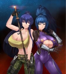 2girls absurdres akiyama_rinko akiyama_rinko_(cosplay) bare_shoulders blue_eyes blue_hair bodysuit breasts camouflage camouflage_pants cleavage cosplay costume_switch gloves hair_between_eyes highres holding holding_weapon impossible_bodysuit impossible_clothes king_of_fighters king_of_fighters_xv large_breasts leona_heidern leona_heidern_(cosplay) long_hair multiple_girls pants pockyland ponytail pouch purple_bodysuit purple_hair sword taimanin_(series) taimanin_yukikaze tank_top thighhighs underboob weapon