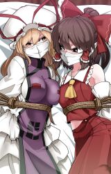 arms_behind_back bondage clothed female femsub gag gagged kikoka_(mizuumi) multiple_girls multiple_subs over_the_nose_gag reimu_hakurei rope touhou yukari_yakumo