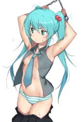 1girls armpits belly blue_eyes blue_hair bondage chained_wrists chains female flat_chest hatsune_miku removing_clothing shackled_wrists shackles skirt_pull small_breasts solo thighs tshangen131 twintails underwear vocaloid