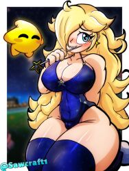 1girls 2023 ambiguous_gender big_breasts blonde_hair blue_clothes blue_clothing blue_eyes blue_swimsuit breasts clothed clothes clothing female high_res high_resolution highres huge_breasts light-skinned_female light_skin luma mario_(series) nintendo princess_rosalina pussy pussy_bulge sawcraft1 super_mario_galaxy swimsuit thick_thighs