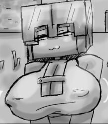 1girls anhikylator breasts_visible_through_clothing cropped digital_drawing_(artwork) digital_media_(artwork) female greyscale horny_female human_female humanoid jenny_belle_(slipperyt) minecraft outside