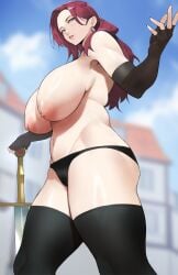 black_legwear black_panties blush breasts earrings female green_eyes large_breasts long_hair looking_at_viewer mole nipples original panties red_hair solo sword thighhighs topless weapon yoshi55level yoshio_(55level)