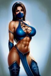 abs ai_generated background bare_shoulders belly_button big_breasts blue_eyes breasts brown_hair cleavage earrings eyelashes female halterneck hands_behind_back kitana konan_(artist) light-skinned_female long_hair makeup masked masked_female midriff mortal_kombat mortal_kombat_(2011) navel simple_background solo solo_female thigh_boots thighhighs