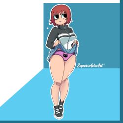 1girls black_eyes clothed female freckles kim_pine panties red_hair scott_pilgrim short_hair skirt_lift solo solo_female superaxlart