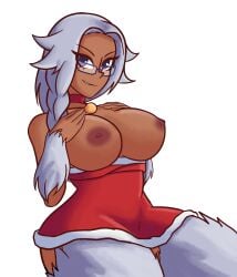 animal_hands animal_legs breasts breasts_out brown_nipples christmas christmas_outfit dark-skinned_female dark_skin glasses large_breasts loguhn monster_girl_encyclopedia nipples original original_character pinup pinup_pose sasaartroom the_city_of_reygarth topless white_fur white_hair yeti yeti_(monster_girl_encyclopedia)