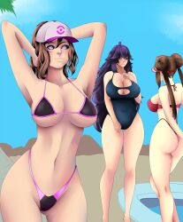 3girls alternate_breast_size arant_king bikini blue_eyes breasts brown_hair commission commission_art commissions_open double_bun female_only hat hex_maniac hilda_(pokemon) large_breasts long_hair nintendo one-piece_swimsuit pokegirl pokemon pokemon_bw ponytail rosa_(pokemon) swimsuit thong