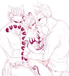 3boys animal_ears blush chest_tattoo donquixote_doflamingo dual_persona erection facial_hair fangs finger_sucking gay goatee height_difference kizna leg_tattoo leopard_boy leopard_ears leopard_tail male male_focus male_pregnancy multiple_boys nipple_tweak nipples nude one_piece pants penis pregnant shirt short_hair sitting size_difference sunglasses tail tattoo tongue tongue_out trafalgar_law yaoi