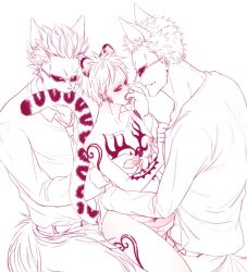 3boys animal_ears blush chest_tattoo donquixote_doflamingo dual_persona erection facial_hair fangs finger_sucking gay goatee height_difference kizna leg_tattoo leopard_boy leopard_ears leopard_tail male male_focus male_only male_pregnancy multiple_boys nipple_tweak nipples nude one_piece pants penis pregnant shirt short_hair sitting size_difference sunglasses tail tattoo tongue tongue_out trafalgar_law yaoi