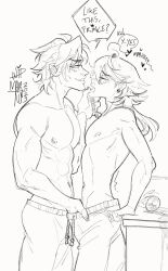 2boys abs chest closed_eyes dialogue ezreal gay handjob heartsteel_ezreal heartsteel_kayn heartsteel_series implied_handjob implied_masturbation kayn league_of_legends male male/male male_only martus masturbation monochrome muscular muscular_male nipples pants pecs pectorals pierced_nipples saliva saliva_trail shirtless shirtless_male table wip yaoi