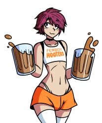 :3 bulge bulge_through_clothing captaintaco2345 choker clothed clothes femboy femboy_hooters femboy_only holding_beer_mug holding_beverage hooters light-skinned_male light_skin neckwear orange_shorts pink_hair smile spilled_drink tagme thin_male thong white_legwear