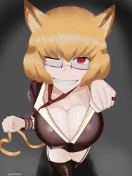 big_breasts blonde_hair catgirl clementine_(overlord) clothed_female fangs glasses office_lady overlord_(maruyama) red_eyes tail