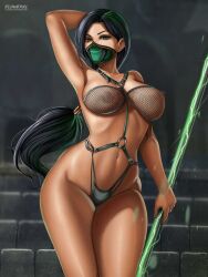 1female 2d alternative_body_build artist_logo bracelet breasts cleavage detailed_background female flowerxl garter_straps gloves green_eyes green_hair green_mask hair_ribbon hand_behind_head jade_(mk9) jade_(mortal_kombat) light-skinned_female lingerie long_hair looking_at_viewer mortal_kombat mortal_kombat_(2011) nipples_visible_through_clothing shoes solo strapless_bikini thick_thighs thunder_thighs video_game_character