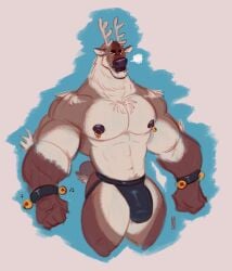 2023 abs anthro antlers barazoku bell biceps big_bulge big_muscles blue_background bracelet bulge christmas clothed clothing dasher deer eyebrows fur grey_background hi_res holidays horn huge_muscles jewelry jockstrap looking_at_viewer male mammal muscular muscular_anthro muscular_male navel new_world_deer nipple_piercing nipple_ring nipples pecs piercing reindeer ring_piercing simple_background solo standing thick_thighs toastyfuzzbuns topless topless_anthro topless_male tuft underwear