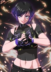 1girls alluring asian athletic_female black_and_purple_hair black_hair clothed dark_blue_hair disk diskette emo female female_abs female_only fingerless_gloves fit_female fully_clothed goth light-skinned_female medium_hair namco pale-skinned_female purple_eyes purple_hair reina_mishima sfw short_hair shorts solo tank_top tekken tekken_8 twitter two_tone_hair watermark