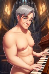 ai_generated ai_hands bara bara_tits church daddy glasses gordon_the_organist grey_hair looking_at_viewer nude older_male organist pipe_organ smiling