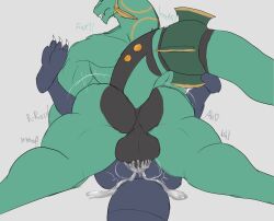 anthro anus ball_size_difference balls balls_deep black_balls black_penis bodily_fluids clenched_teeth cum cum_drip cum_in_ass cum_inside cum_on_body cum_on_ground daikuhiroshiama dialogue dripping duo from_front_position garchomp genital_fluids genitals green_body grey_body halston heart_reaction hi_res legs_up long_tail male male/male male_only mating_press mega_evolution mega_rayquaza moan muscular muscular_anthro muscular_male nintendo penetration penis pokémon_(species) pokemon pokemon_(species) raised_tail rayquaza sex sirocco_(daikuhiroshiama) size_difference spread_legs spreading teeth thick_tail thrusting video_games