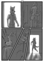 anthro bathroom canid canine duo entering hi_res male male/male mammal peeing public running scared wolfyalex96_(artist)