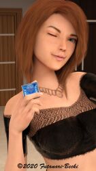 1futa 2020 3d author_character clothed clothing condom condom_wrapper dickgirl futa_only futanari futanaribecki holding_condom indoors intersex light_brown_hair original original_character slushe_(website) solo solo_futa stylized wink winking winking_at_viewer