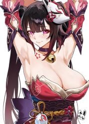 1girls alternate_breast_size areola_slip areolae armpits arms_up bell_collar big_breasts black_hair blush celyn404 cleavage detached_sleeves eyeshadow female fox_mask honkai:_star_rail honkai_(series) looking_at_viewer nipple_slip nipples red_eyes simple_background smile solo sparkle_(honkai:_star_rail) tied_hair twintails