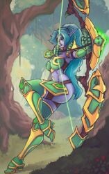 armor bikini_armor blue_hair boots bow_(weapon) catias clothed elf elf_ears elf_female eye_patch female female_only fit fit_female gloves le_moon night_elf night_elf_female ponytail weapon world_of_warcraft