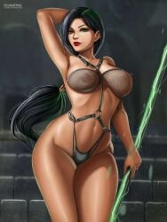 1female 2d alternative_body_build artist_logo bracelet breasts cleavage detailed_background female flowerxl garter_straps gloves green_eyes green_hair hair_ribbon hand_behind_head jade_(mortal_kombat) light-skinned_female lingerie long_hair looking_at_viewer mortal_kombat mortal_kombat_(2011) nipples_visible_through_clothing red_lips red_lipstick shoes solo strapless_bikini thick_thighs thunder_thighs video_game_character