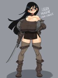 ass big_breasts black_hair breasts chimneyspeak female huge_breasts jack_cayless large_breasts long_hair solo sword top_heavy