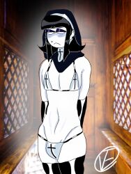 1boy atticus_(spooky_month) bikini bikini_bottom bikini_top bulge bulge_through_clothing embarrassed embarrassed_male femboy gay human long_hair long_hair_male male male_nun male_only nun nun's_habit spooky_month