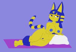 absurd_res animal_crossing ankha ankha_(animal_crossing) anthro big_breasts blue_nipples blue_pussy bored bored_expression breasts clitoris domestic_cat egyptian felid feline felis female genitals hi_res jakel009 landing_strip lying mammal markings navel nintendo nipples on_side pillow pubes pussy simple_background solo striped_markings striped_tail stripes tail_markings video_games