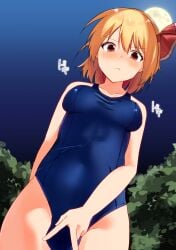 1girls angry annoyed blush female kawai_yade low-angle_view rumia school_swimsuit small_breasts solo spread_pussy standing swimsuit touhou