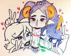 aradia_megido blush cum_on_face hand_on_head heart heart-shaped_pupils homestuck kanaya_maryam kiss_mark lipstick_ring peace_sign redskinnedmess roxy_lalonde troll