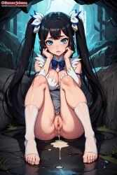 1girls after_sex after_vaginal ai_generated ass ass_focus black_hair cum dripping_cum dungeon exposed_ass feet female female_only foot_fetish gamarjobson hestia_(danmachi) solo toes