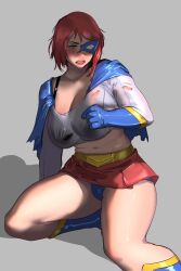 blue_eyes chubby large_breasts mask miniskirt ptsalad red_hair see-through_clothing superheroine thick_thighs torn_clothes voluptuous