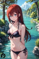 ai_generated arms_behind_back bangs bare_shoulders bikini black_bikini blue_eyes blush breasts cleavage closed_mouth collarbone cowboy_shot day female front-tie_bikini_top front-tie_top hair_between_eyes halterneck long_hair looking_at_viewer makise_kurisu medium_breasts mountain navel outdoors pikkiwynn red_hair rock side-tie_bikini_bottom sky smile solo standing steins;gate stomach string_bikini swimsuit tree water