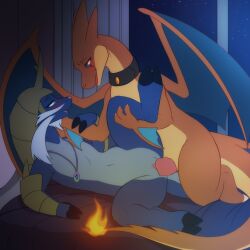 bed blue_body collar darkmirage duo eye_contact facial_hair featureless_chest female fire flaming_tail flat_chested furniture generation_5_pokemon happy happy_sex hi_res horn inside interspecies jewelry leg_glider_position looking_at_another male male/female mega_charizard mega_charizard_y mega_evolution mega_stone membrane_(anatomy) membranous_wings moustache necklace night nintendo on_bed orange_body orange_scales penetration penile penile_penetration penis_in_pussy pokemon pokemon_(species) raised_leg romantic romantic_couple samurott scales scalie semi-anthro sex sky smile tail vaginal_penetration vaginal_penetration window wings