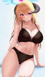 1girls akari_(blue_archive) big_breasts black_bra black_panties blonde_hair blue_archive blue_eyes bottomwear bra breasts cleavage female female_only hair halo horns huge_breasts lace lace-trimmed_bra lace-trimmed_panties lace_trim lingerie long_hair ni_tamago_sando panties smile solo solo_female thighs topwear x-shaped_pupils