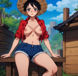 ai_generated angry_face black_hair clothing female female_only genderswap_(mtf) luffyko monkey_d_luffy one_piece rule_63 scar scar_on_chest short_hair sitting tagme