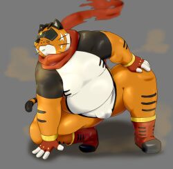 2022 absurd_res anthro balls_outline belly big_belly bulge clothing felid genital_outline hi_res humanoid_hands kemono male mammal musk orange_body overweight overweight_male pantherine penis_outline scarf skinsuit solo tiger tight_clothing visor wdh3905