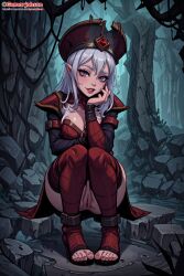 ai_generated blush dungeon gamarjobson looking_at_viewer pussy seductive sitting toes visible_pussy white_hair