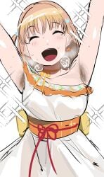 1girls armpit_hair armpits arms_up blush closed_eyes female_armpit_hair fully_clothed hair_ornament hairy_armpits happy heavy_breathing hinoshita_kaho link!_like!_love_live! love_live! okpriko open_mouth smile sweat sweating