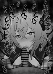 1boy 1girls :>= big_breasts big_penis black_and_white blowjob blush cape censored dark-skinned_male dark_skin detailed_background drooling eyelashes fate/grand_order fate_(series) fellatio female heart human indoor indoors kurotama long_hair looking_at_viewer male male_pov oral oral_sex pov room saika_magoichi_(fate) saliva shiny shiny_skin sketch sound_effects squatting sweat text tongue_out vein veins veiny veiny_penis