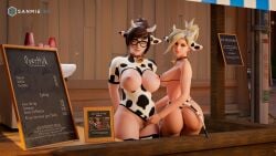 2girls 3d cow_print cowbell exposed_breasts eyewear flashing glasses mei_(overwatch) mercy overwatch overwatch_2 sanmie3d tagme