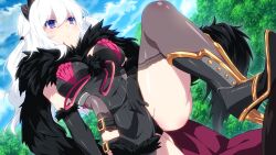 black_crown black_panties blue_eyes boots femdom panties pantyhose sakura_mmo stepping_on_person viola_sakura_mmo white_hair winged_cloud witch