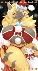 absurd_res aurora_(nbanoob) big_breasts blue_eyes blush breasts button_nose cat_nose christmas christmas_theme female fluffy furry furry_focus furry_only game_freak highres huge_breasts looking_at_viewer massive_breasts nintendo pokemon santa_hat solo solo_female solo_focus tagme thick_thighs underchikichan wide_hips yellow_fur zeraora