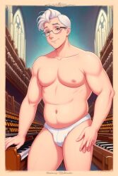 ai_generated ai_hands bara bara_tits belly church daddy gay glasses gordon_the_organist male male_only older_male organist pipe_organ posing stable_diffusion tighty_whities underpants underwear white_hair