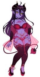 black_sclera blush bra character_request cleavage copyright_request demon demon_girl demon_horns demon_tail female hair_between_eyes halphelt horns lingerie panties pointy_ears purple_skin thighhighs underwear white_background yellow_eyes